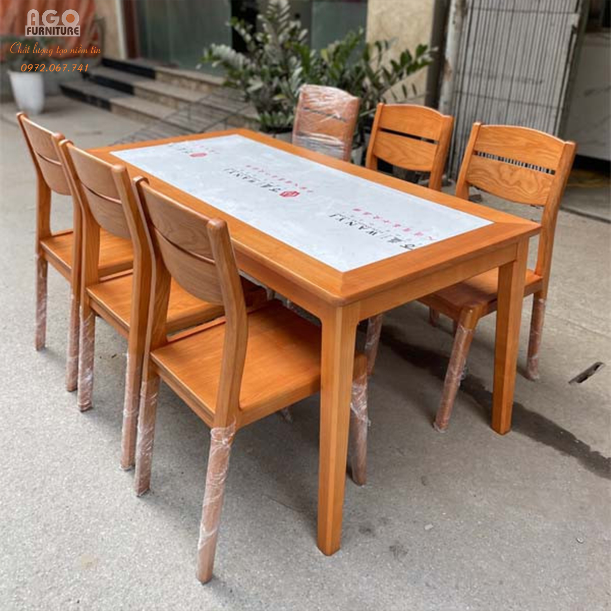 Bàn Ăn 6 Ghế Gỗ Sồi Mặt Đá Vân Mây | GTC04