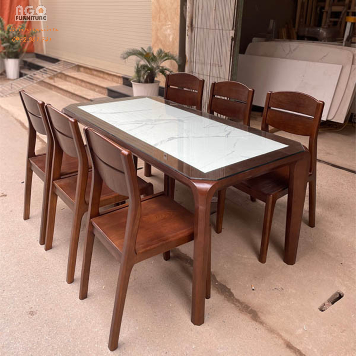 Bàn Ăn 6 Ghế Gỗ Sồi Mặt Đá Vân Mây | GTC04