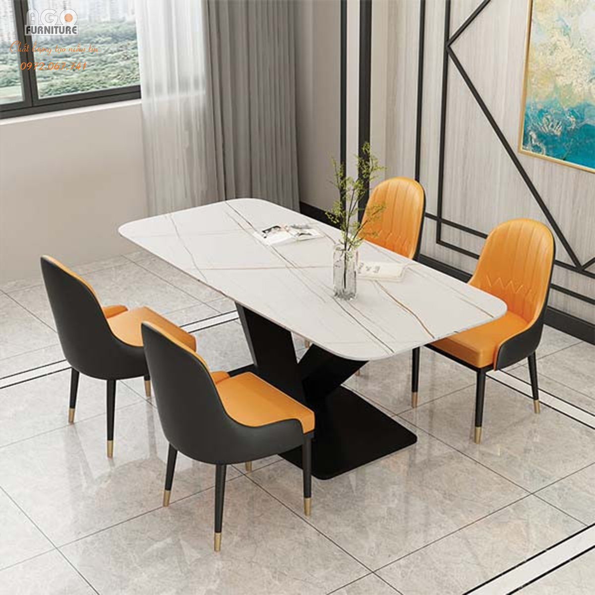 Bộ Bàn Ăn Mặt Đá Phiến Chân Chéo Kèm 4 Ghế Monet | CKA-430