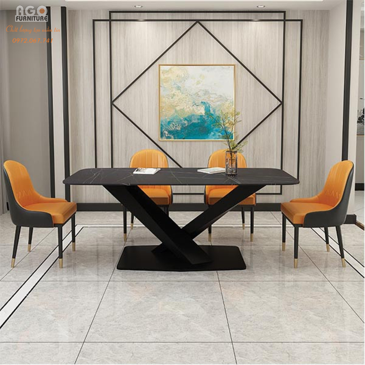 Bộ Bàn Ăn Mặt Đá Phiến Chân Chéo Kèm 4 Ghế Monet | CKA-430