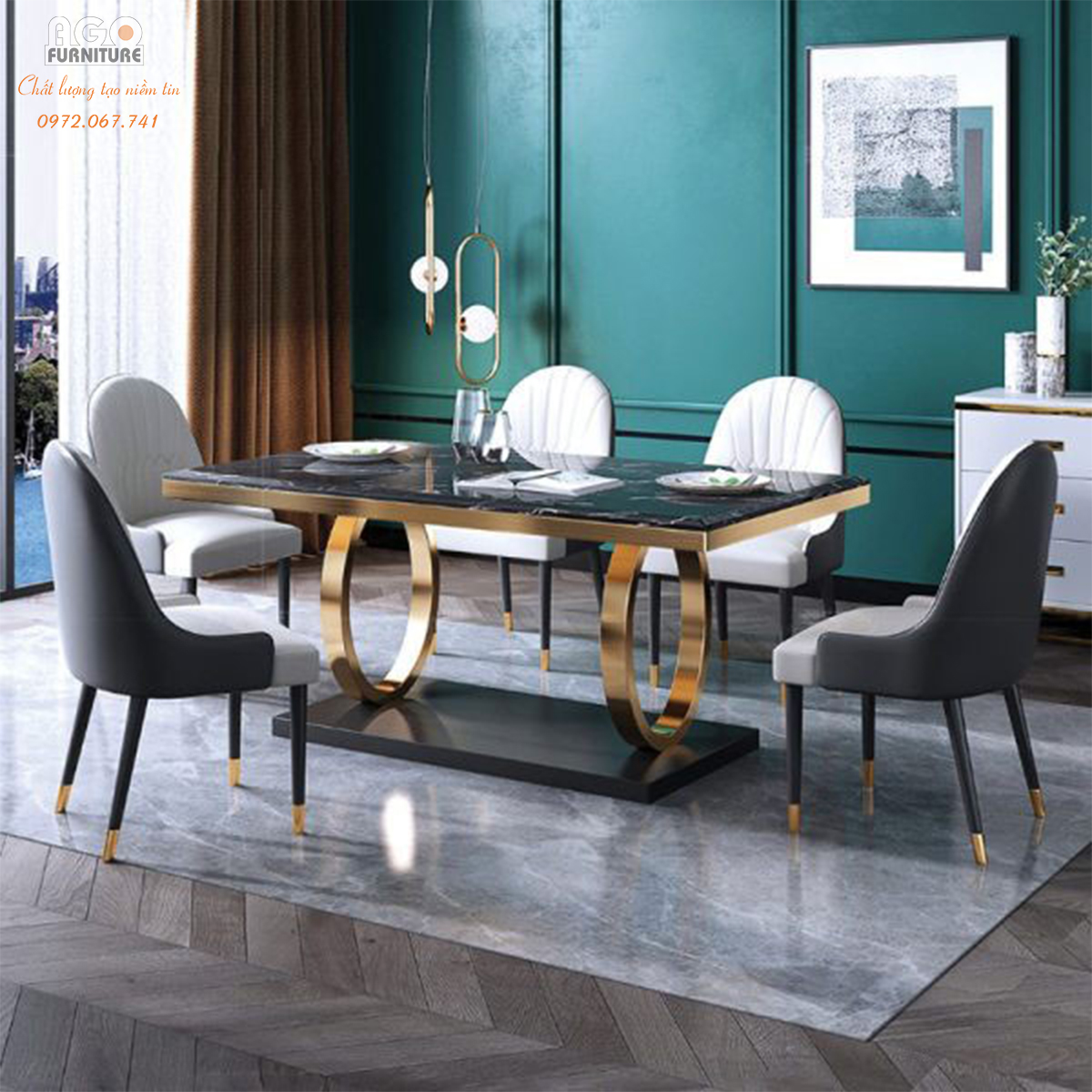 Bộ bàn ăn mặt đá kết hợp 6 ghế nhập khẩu cao cấp | CKA-616
