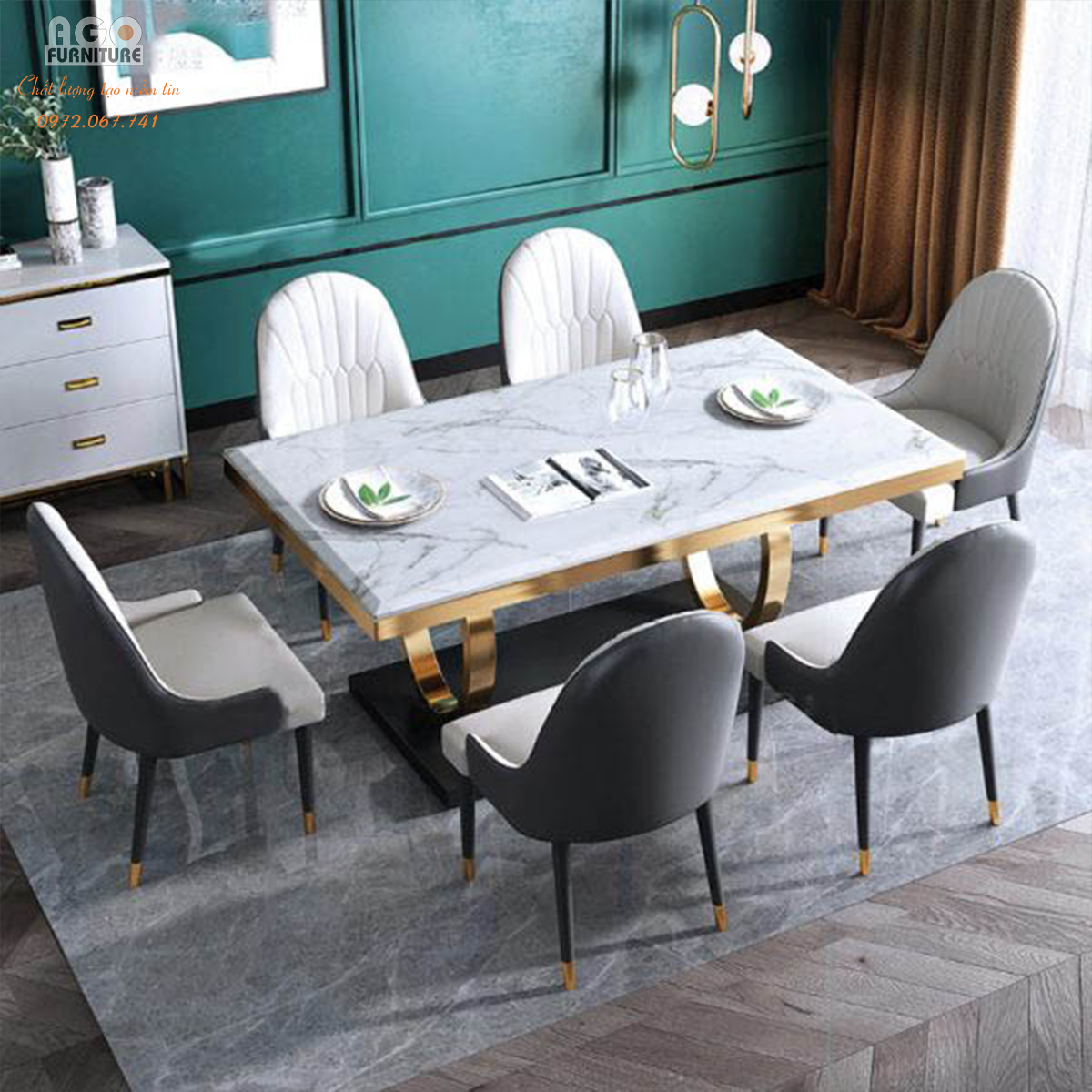 Bộ bàn ăn mặt đá kết hợp 6 ghế nhập khẩu cao cấp | CKA-616