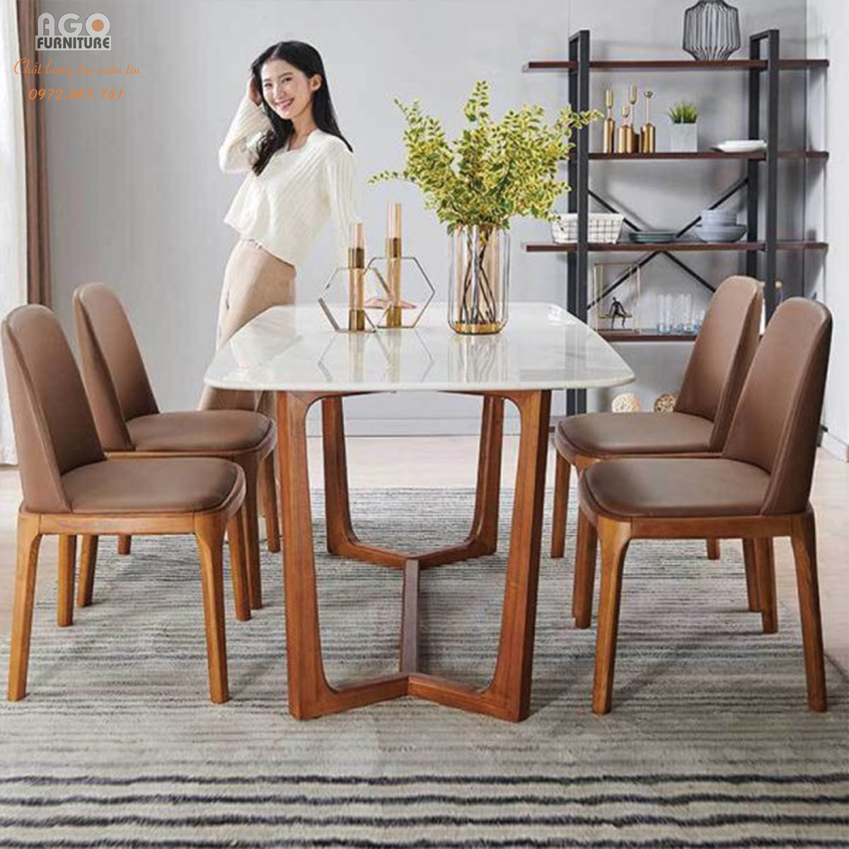 Bàn Ăn Mặt Đá Ceramic 4 Ghế Grace Bọc Da