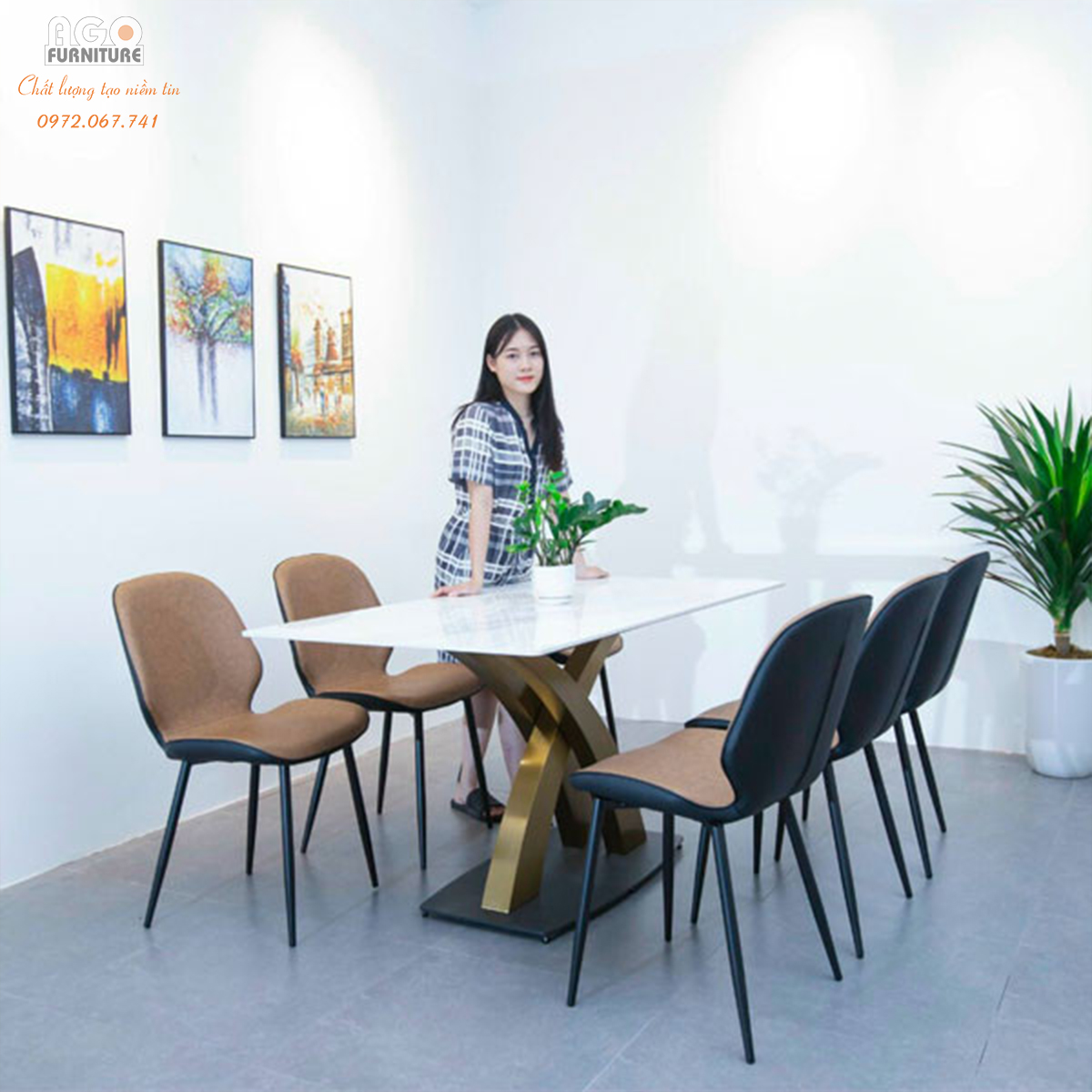 Bàn Ăn Mặt Đá Ceramic Chân Mạ PVD Nhập Khẩu 6 Ghế | CKA-621