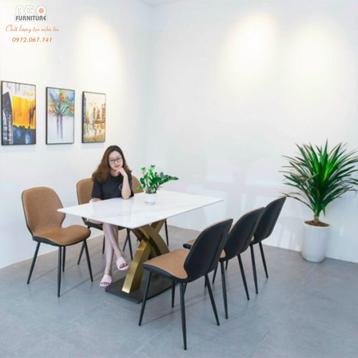 Bàn Ăn Mặt Đá Ceramic Chân Mạ PVD Nhập Khẩu 6 Ghế | CKA-621