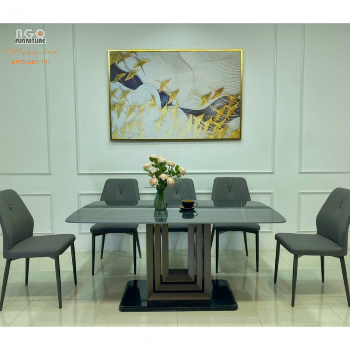 Bàn Ăn Mặt Đá Ceramic Chân U kèm Ghế Levi