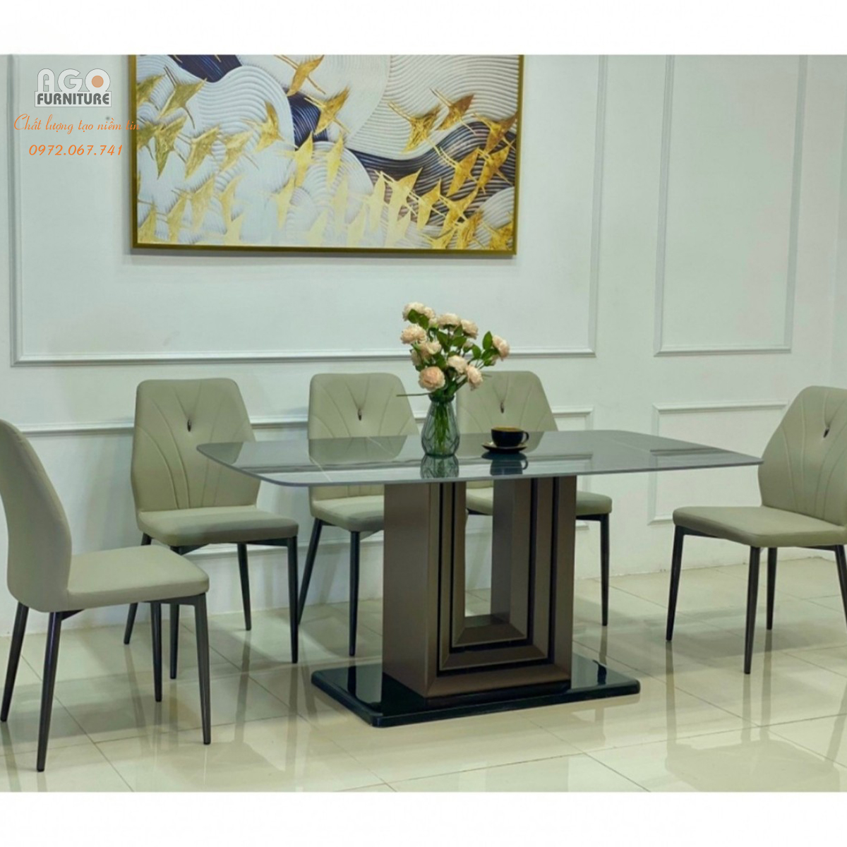 Bàn Ăn Mặt Đá Ceramic Chân U kèm Ghế Levi