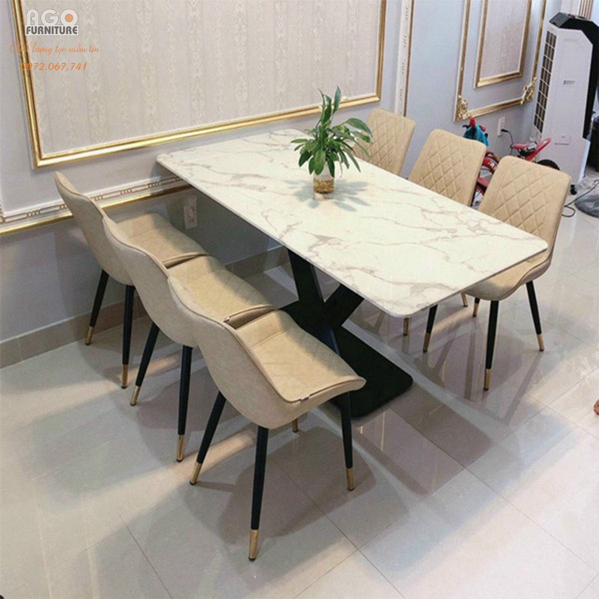Bộ bàn ăn mặt đá kết hợp 6 ghế nhập khẩu cao cấp | CKA-605