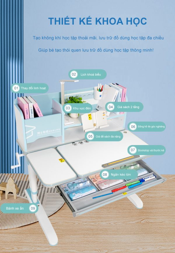 Bàn học chống gù lưng trẻ em DRZ-10008 và ghế DRY-816