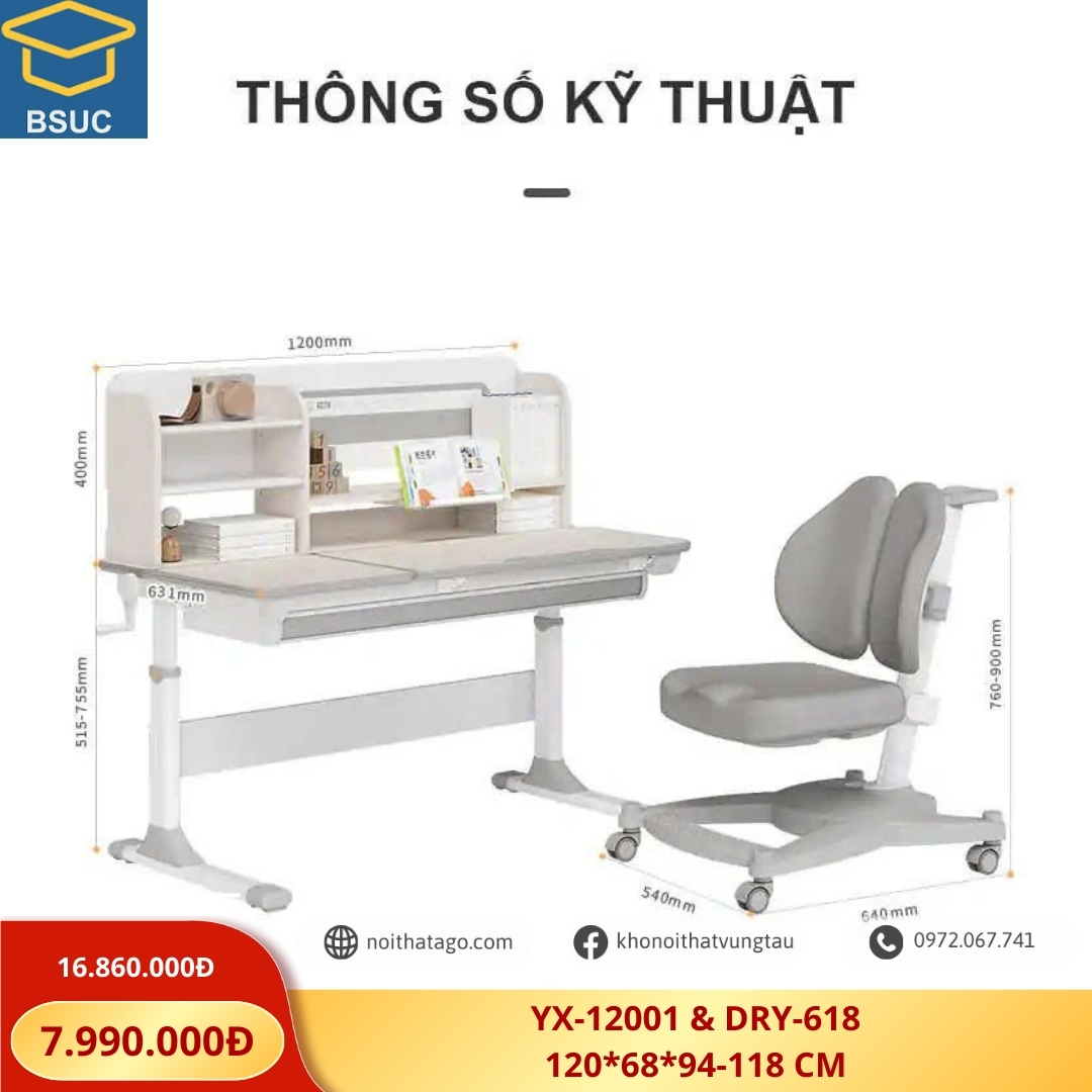 Bàn học thông minh YX-12001 rộng 1m2 ghế DRY-618