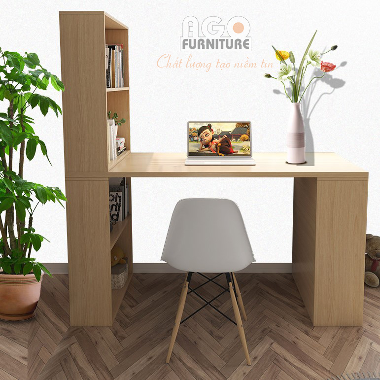 Bàn làm việc tích hợp chân trụ bằng kệ sách | BLV-04