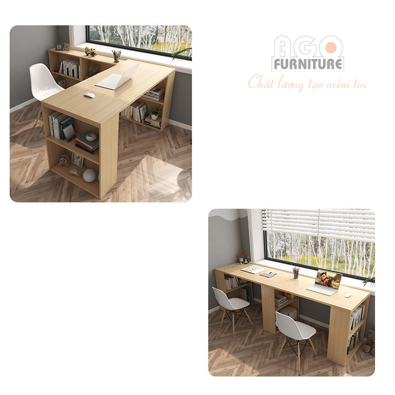 Bàn làm việc tích hợp chân trụ bằng kệ sách | BLV-04