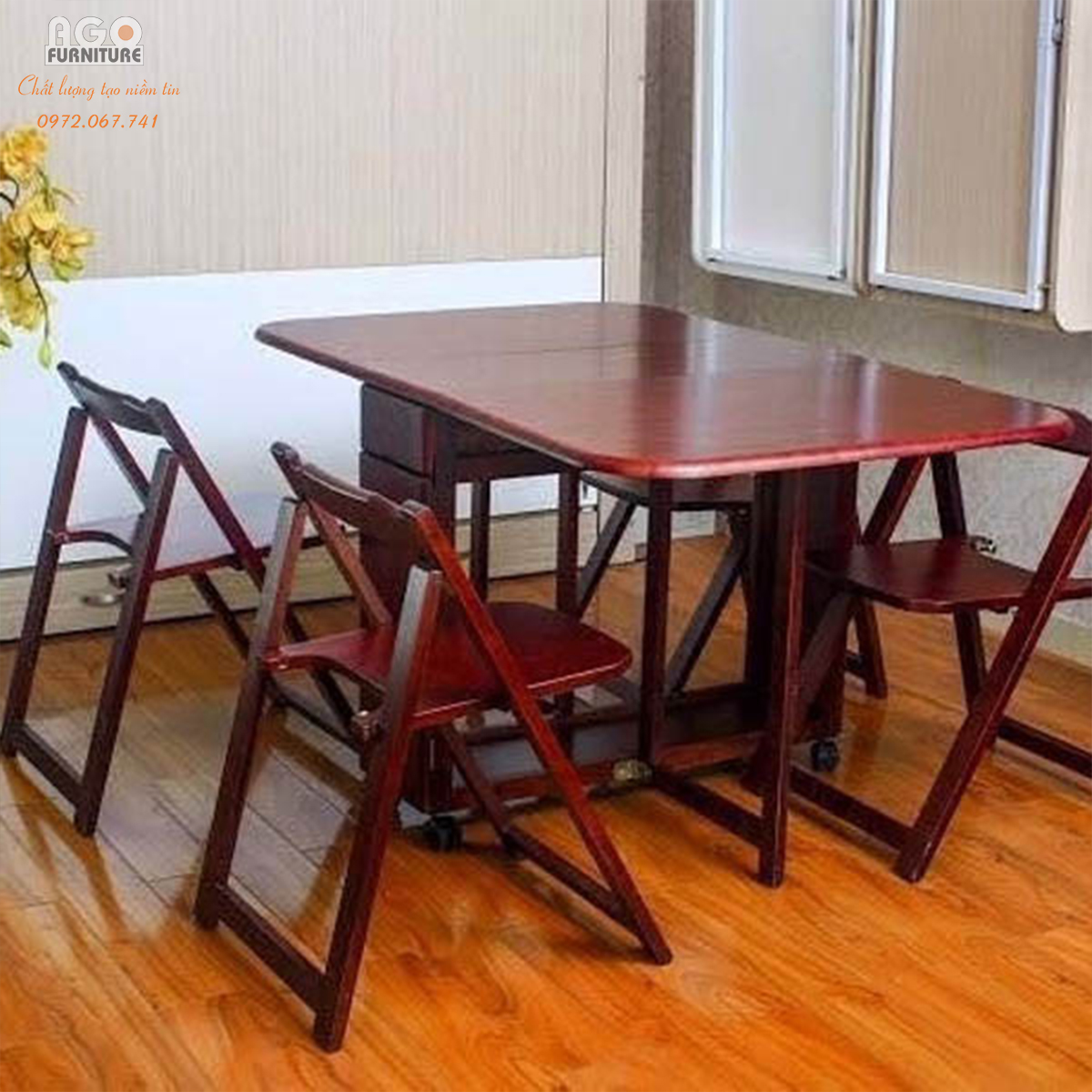 Bàn Thông Minh 4 Ghế Gấp Gọn Gỗ Tự Nhiên