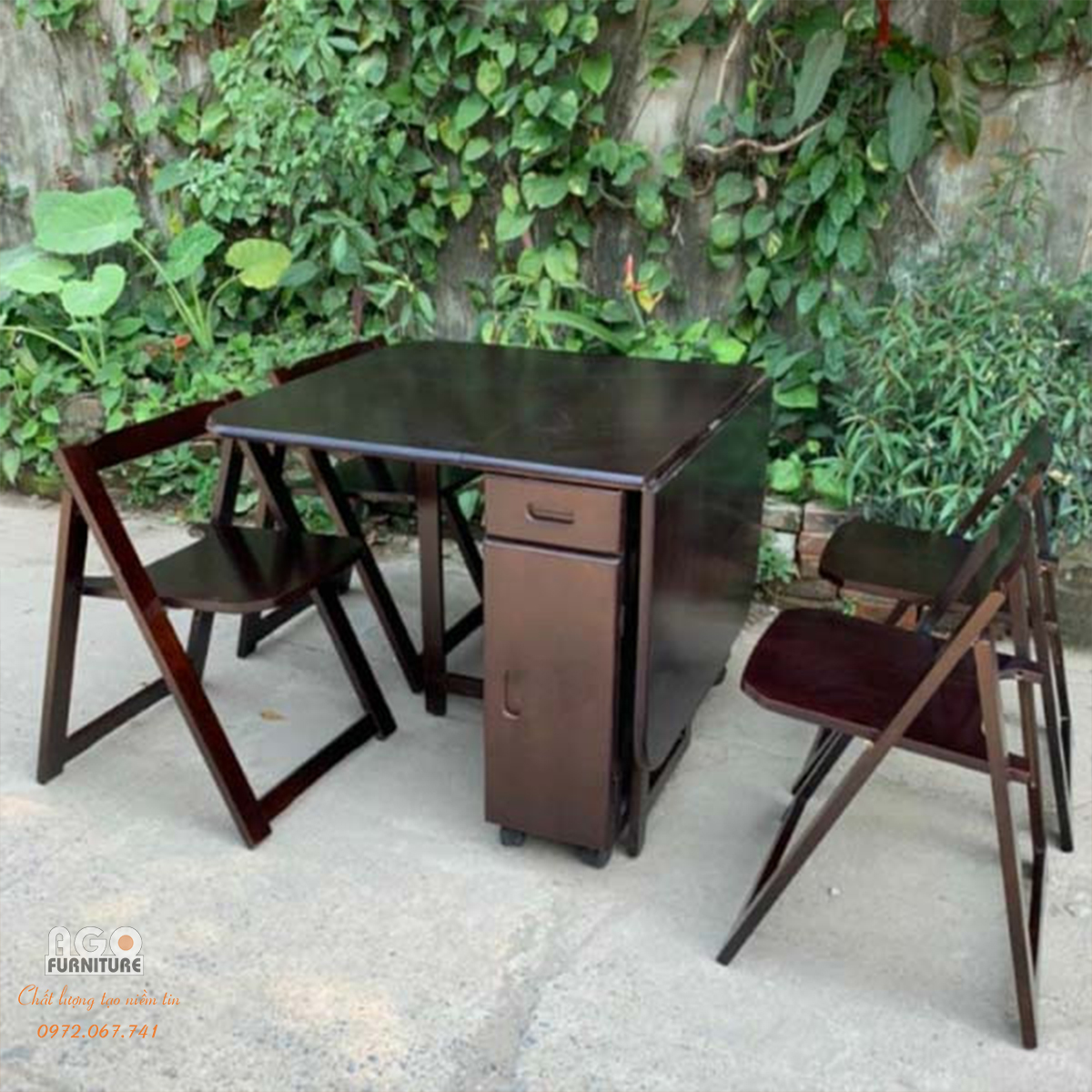 Bàn Thông Minh 4 Ghế Gấp Gọn Gỗ Tự Nhiên