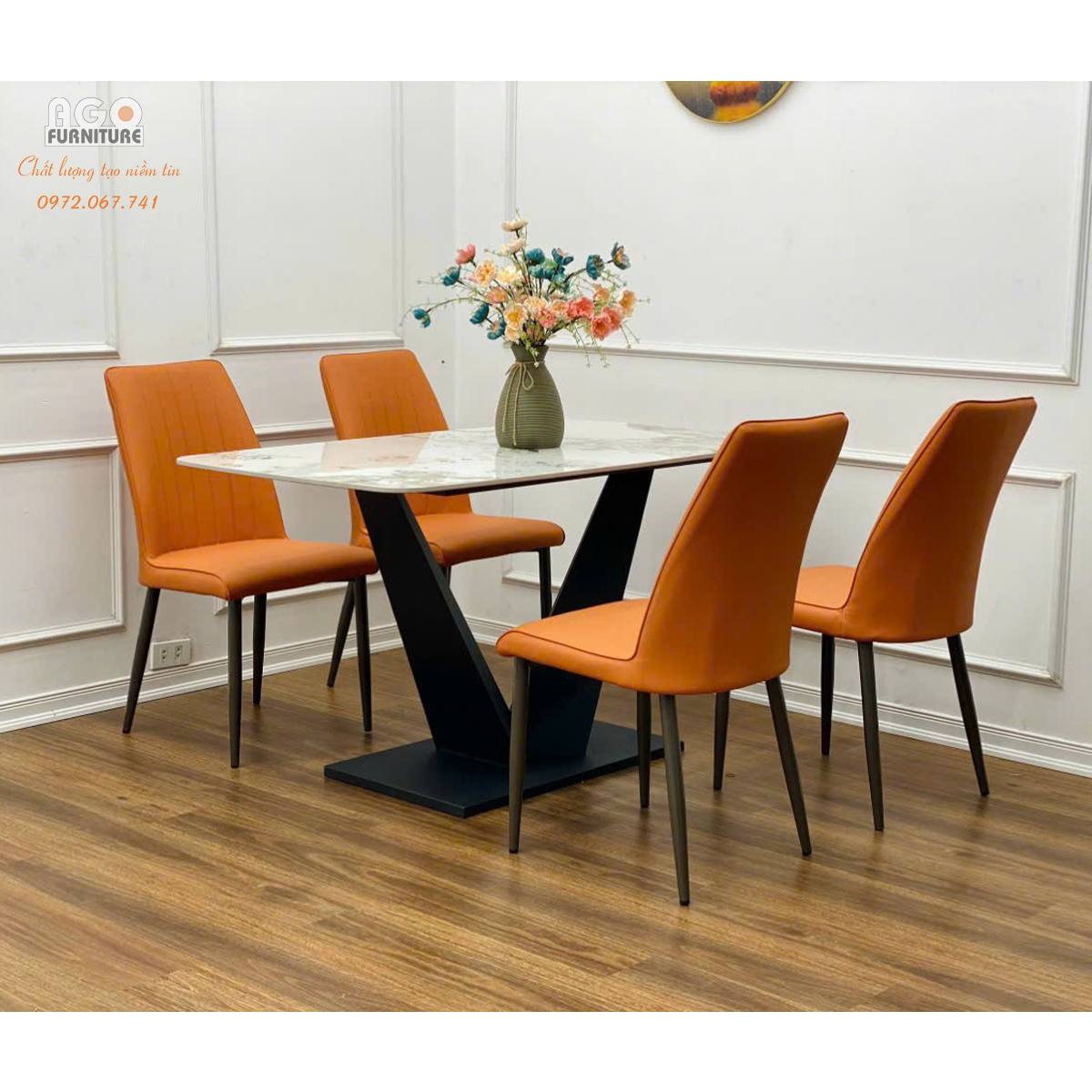 Bộ bàn ăn mặt đá cao cấp kết hợp 4 ghế nhập khẩu | CKA-435