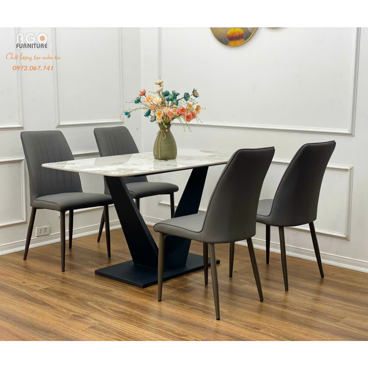 Bộ bàn ăn mặt đá cao cấp kết hợp 4 ghế nhập khẩu | CKA-435