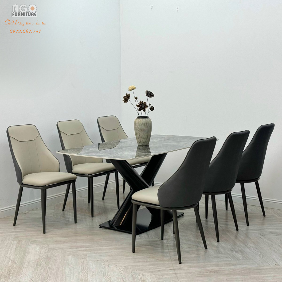 Bộ bàn ăn mặt đá kết hợp 6 ghế nhập khẩu cao cấp | CKA-612