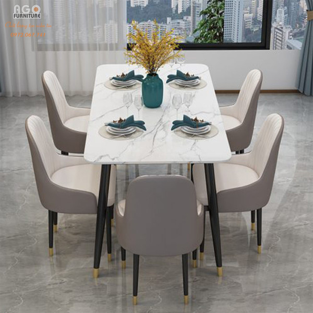 Bộ bàn ăn mặt đá kết hợp 6 ghế nhập khẩu cao cấp | CKA-602