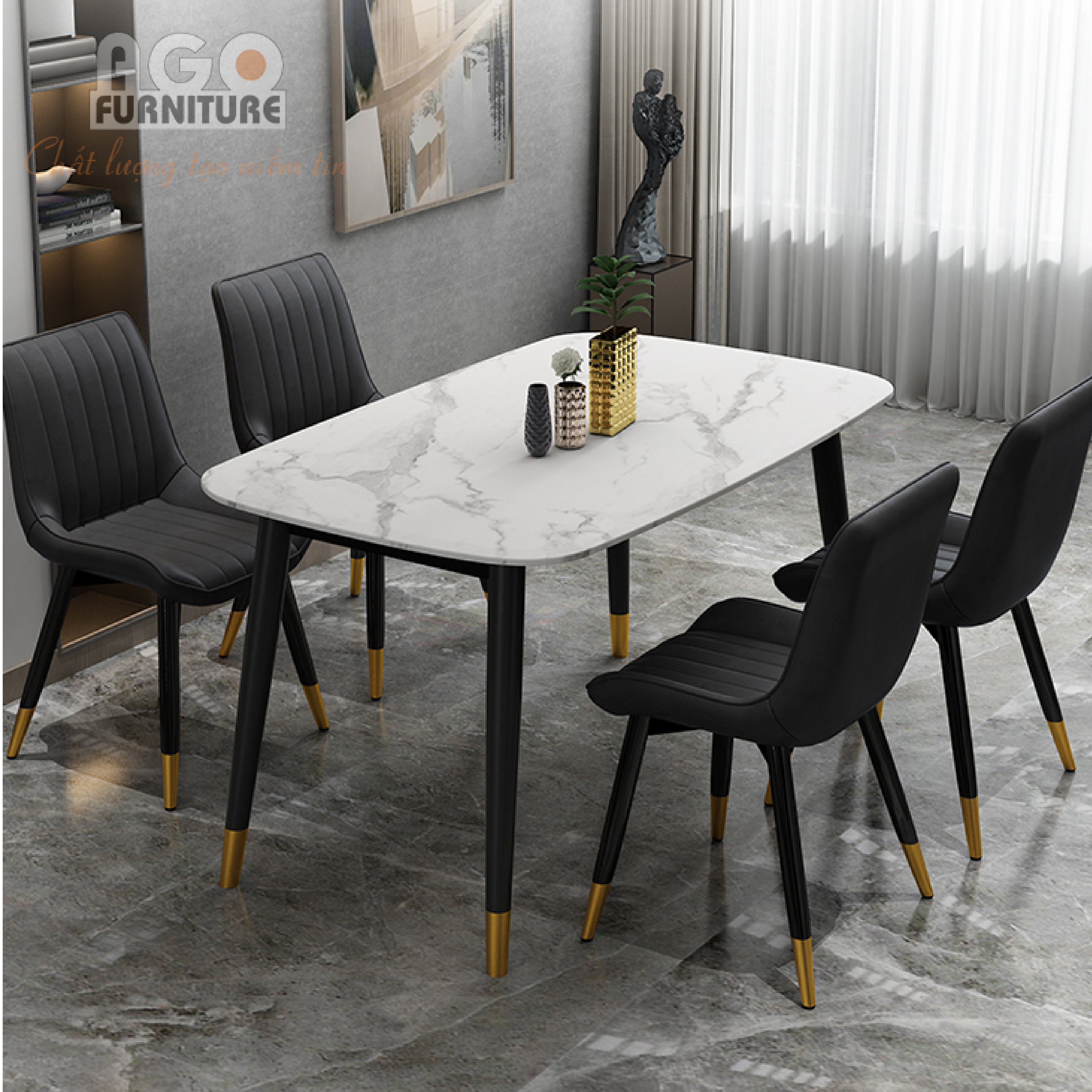 Bộ bàn ăn mặt đá 4 ghế da sang trọng | CKA-420