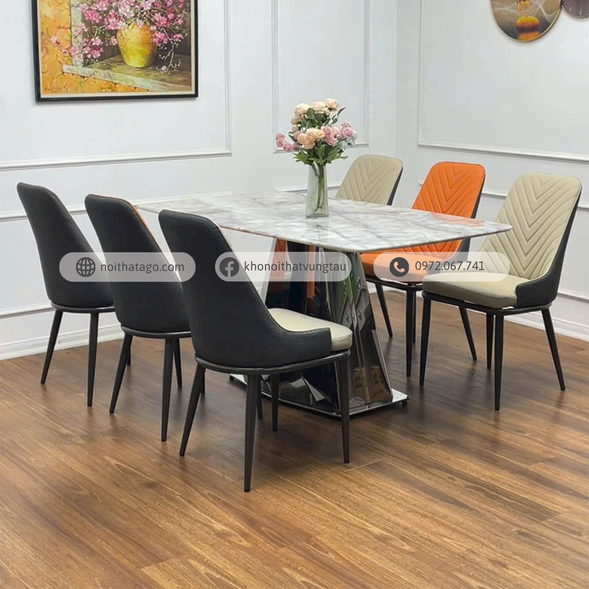 Bộ bàn ăn mặt đá cao cấp kết hợp 6 ghế nhập khẩu | CKA-635