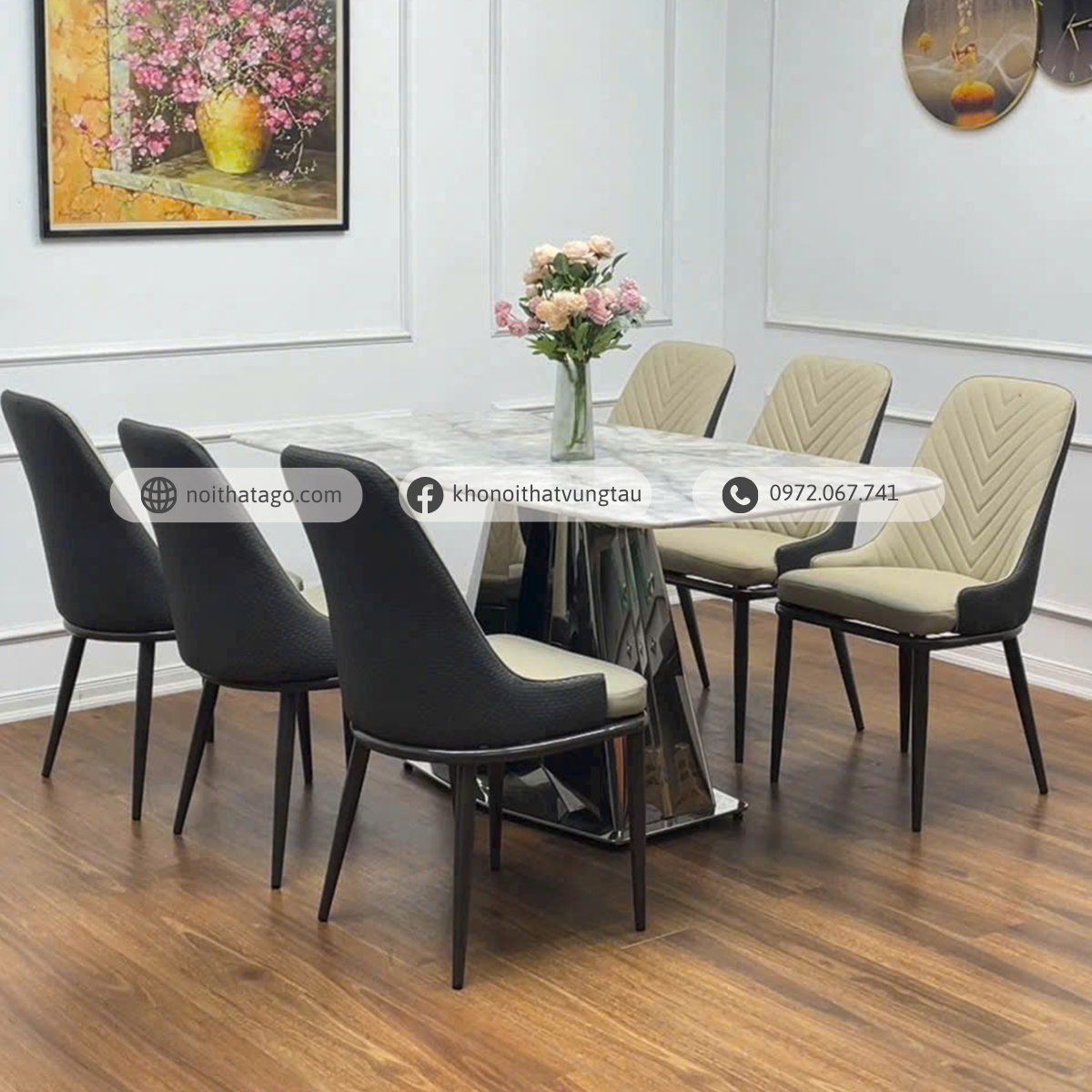 Bộ bàn ăn mặt đá cao cấp kết hợp 6 ghế nhập khẩu | CKA-635