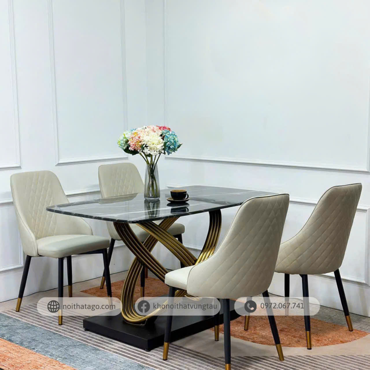 Bộ bàn ăn mặt đá Ceramic chân channel mạ pvd & 4 ghế nhập khẩu cao cấp | CKA-408