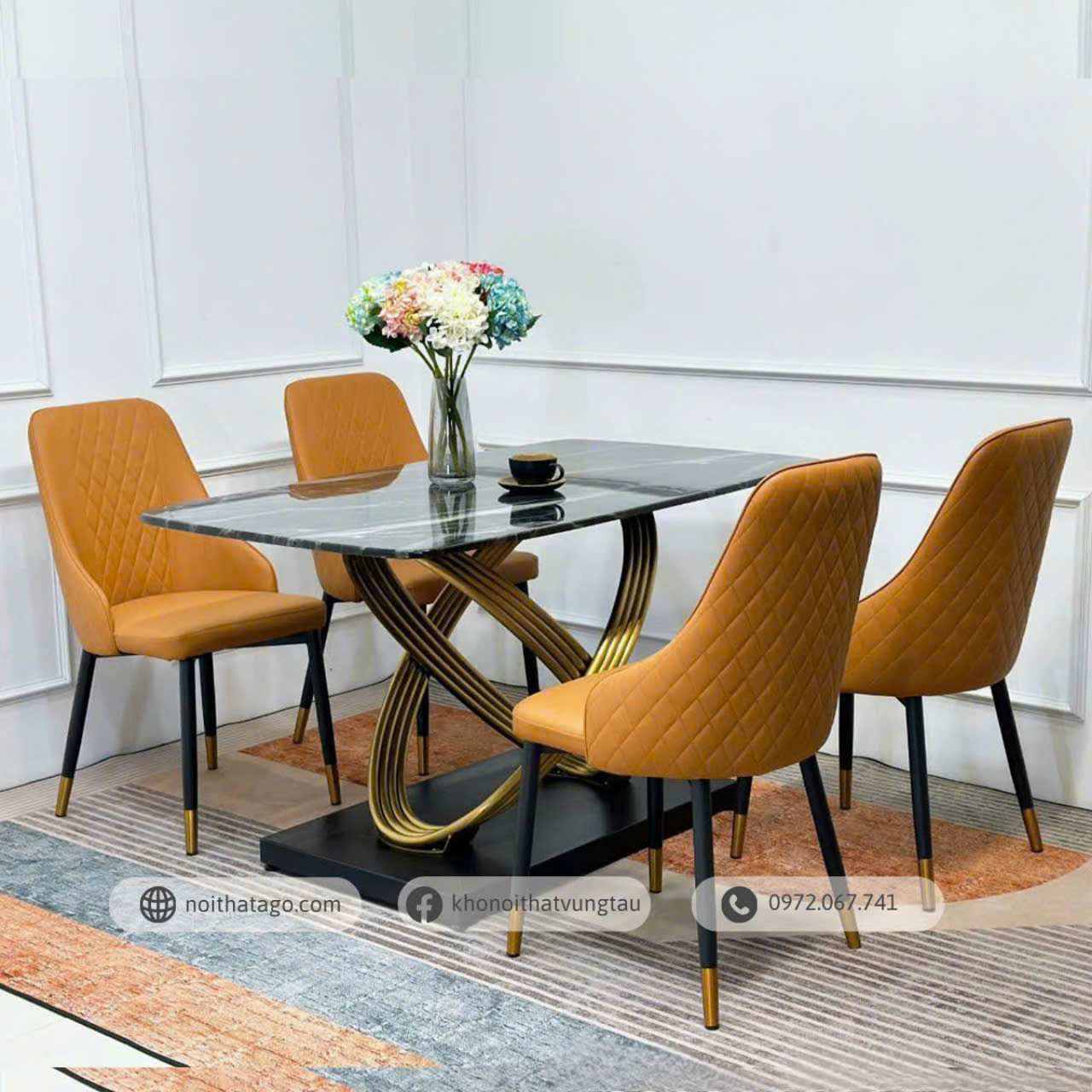 Bộ bàn ăn mặt đá Ceramic chân channel mạ pvd & 4 ghế nhập khẩu cao cấp | CKA-408