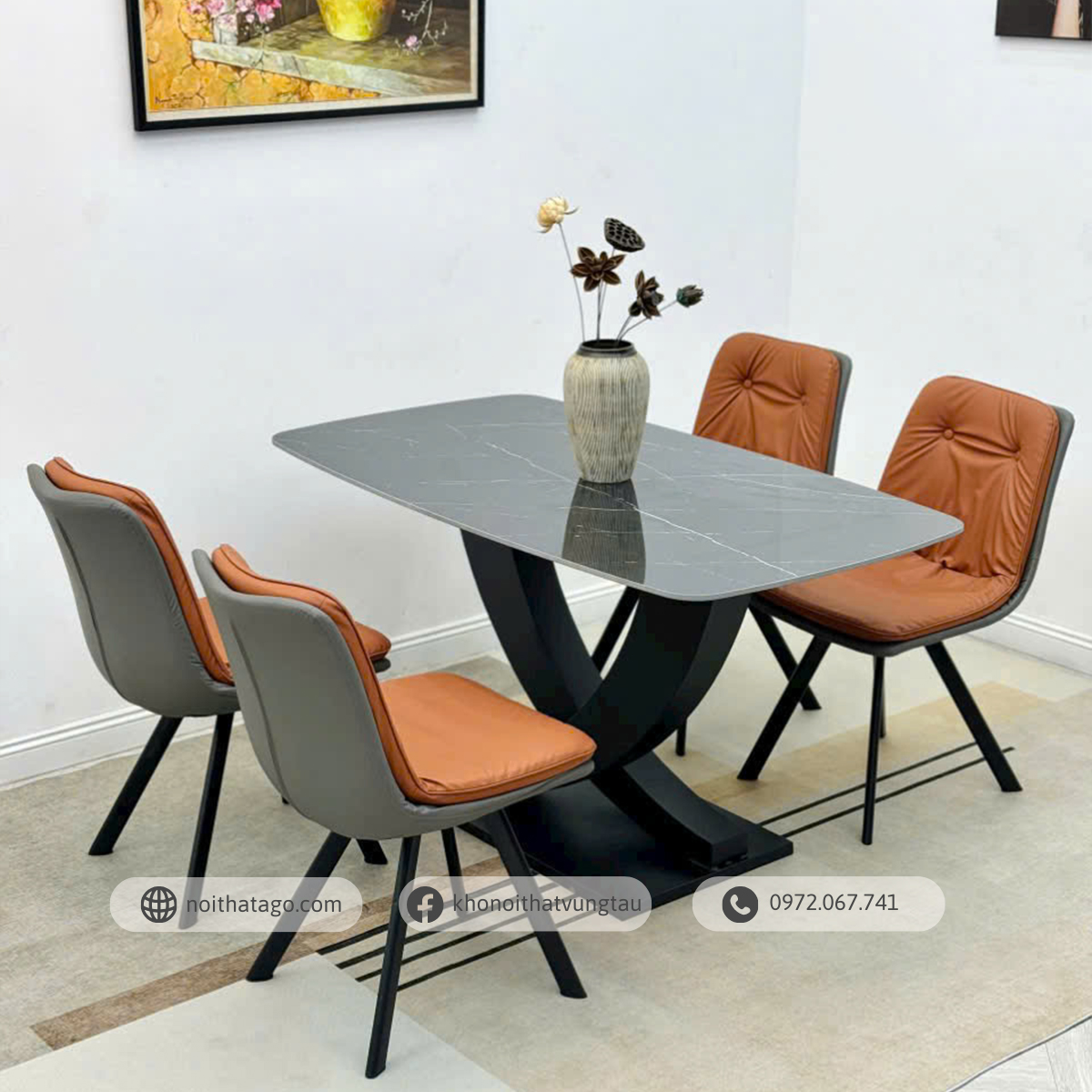 Bộ bàn ăn mặt đá Ceramic chân U & 4 ghế nhập khẩu cao cấp | CKA-406