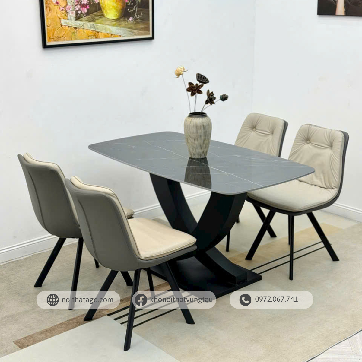 Bộ bàn ăn mặt đá Ceramic chân U & 4 ghế nhập khẩu cao cấp | CKA-406