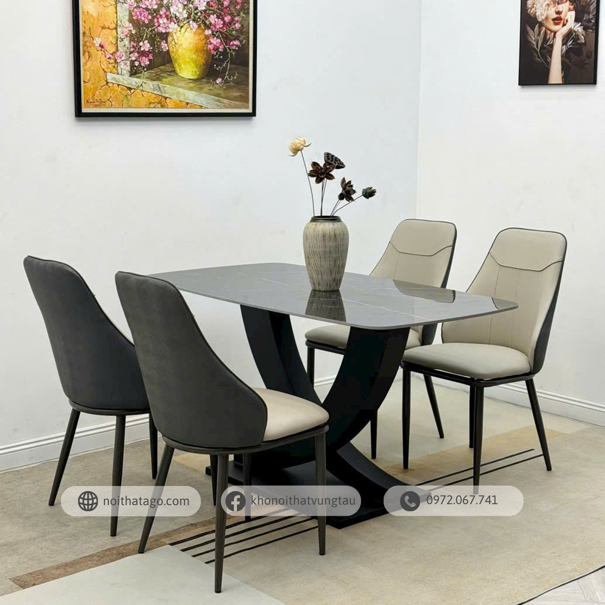 Bộ bàn ăn mặt đá Ceramic chân U & 4 ghế nhập khẩu cao cấp | CKA-422