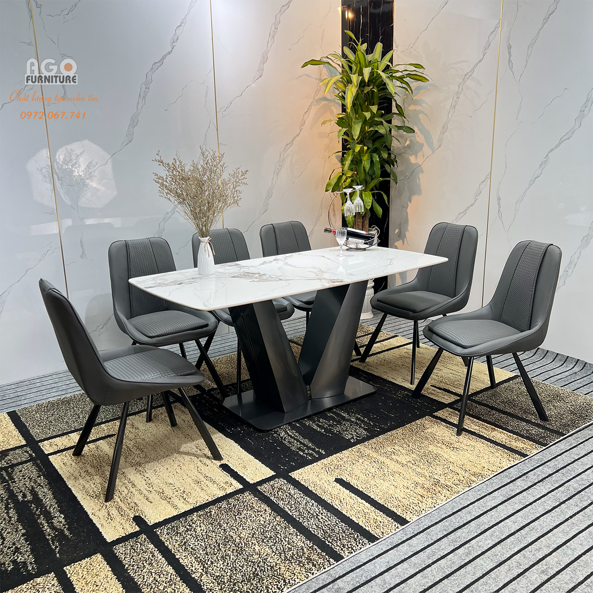 Bộ Bàn Ăn Mặt Đá Ceramic chân V và 6 ghế cao cấp | CKA-631