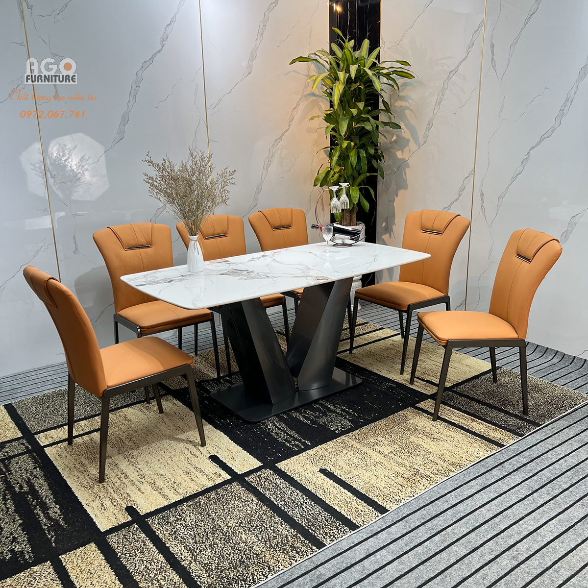Bộ Bàn Ăn Mặt Đá Ceramic chân V và 6 ghế cao cấp | CKA-631