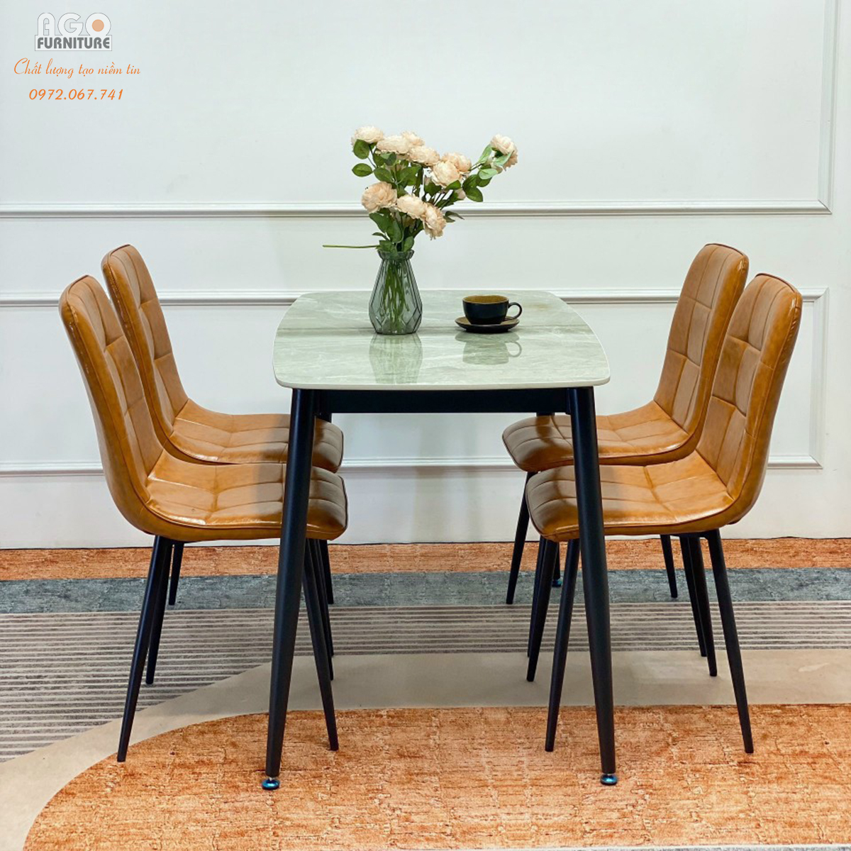 Bộ bàn ăn mặt đá kết hợp 4 ghế Caro hiện đại | CKA-412