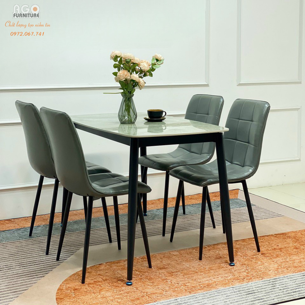 Bộ bàn ăn mặt đá kết hợp 4 ghế Caro hiện đại | CKA-412