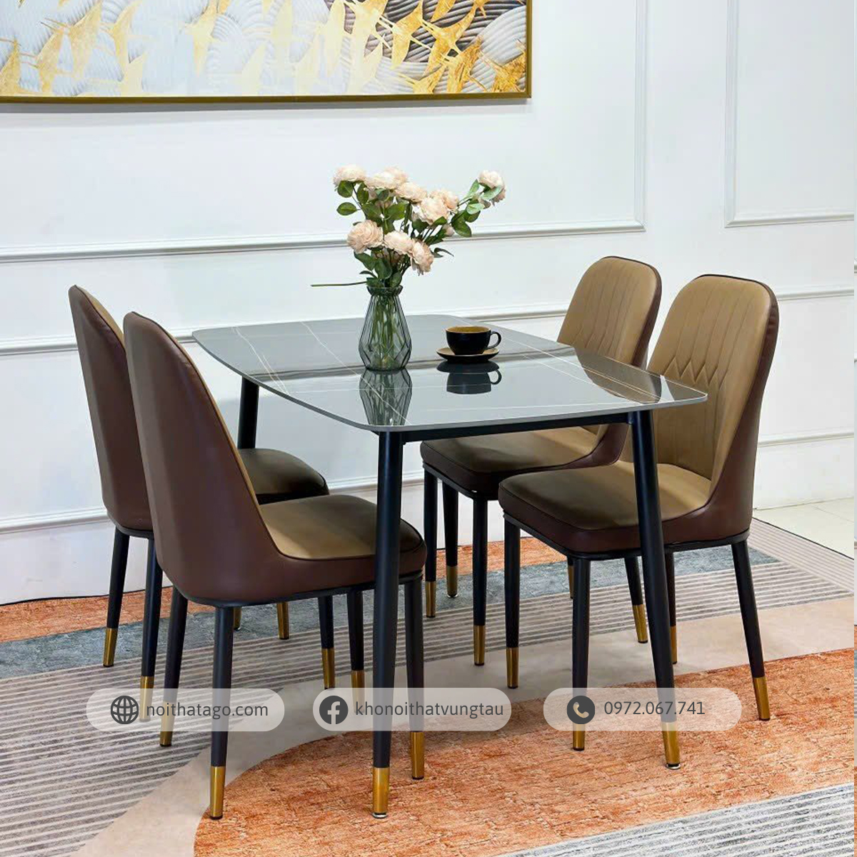 Bộ bàn ăn mặt đá kết hợp 4 ghế monet không tay hiện đại | CKA-426