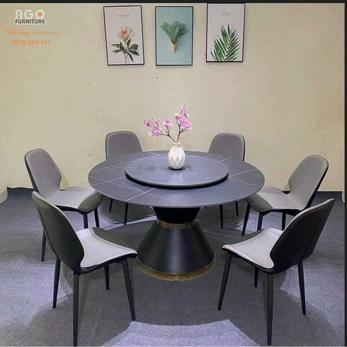 Bộ bàn tròn mâm xoay kết hợp 6 ghế nhập khẩu cao cấp | CKA-638