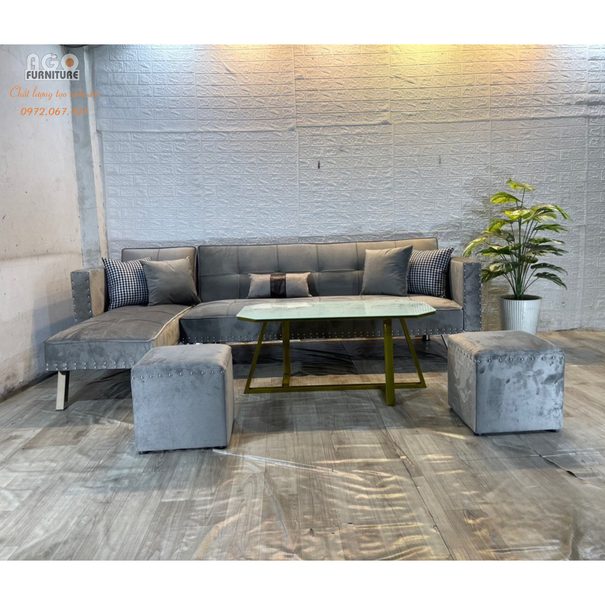 Bộ Sofa Cali Góc L 140*240 Kết Hợp Bàn Trà Sotana Oval PVD