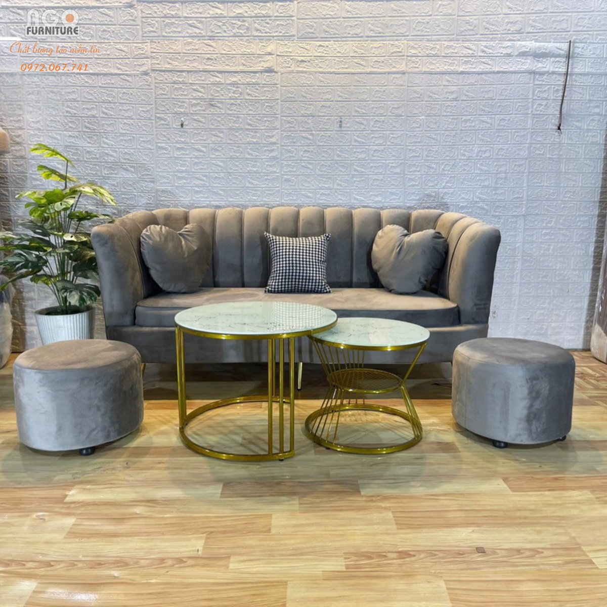 Combo Sofa sò 180 kết hợp bàn sofa đôi - Ghi