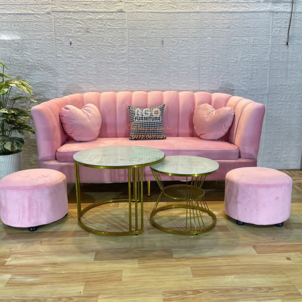 Combo Sofa sò 180 kết hợp bàn sofa đôi - Hồng