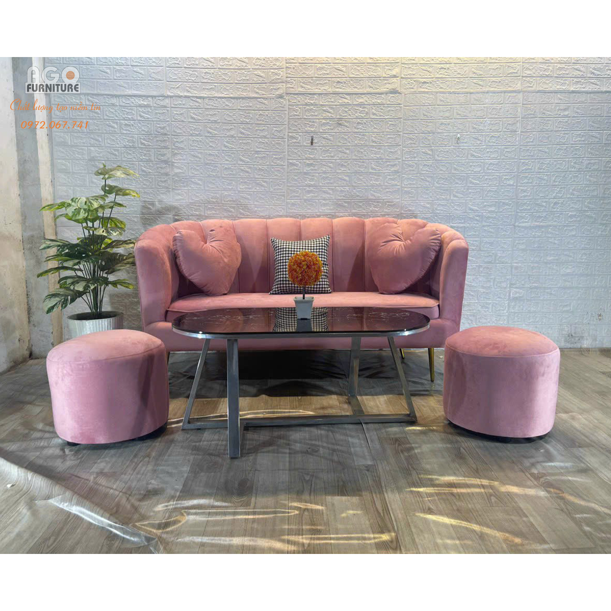 Combo Sofa sò 180 kết hợp bàn sofa Sotana Oval PVD - Hồng.