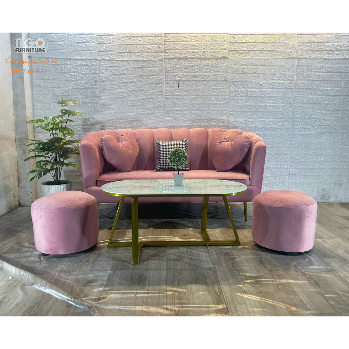 Combo Sofa sò 180 kết hợp bàn sofa Sotana Oval PVD - Hồng.