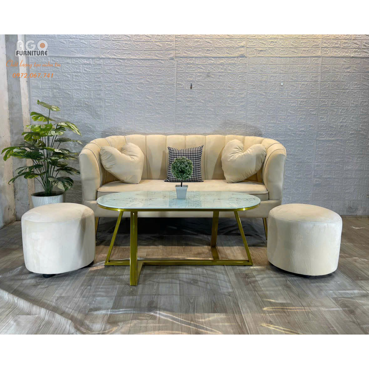 Combo Sofa sò 180 kết hợp bàn sofa Sotana Oval PVD - Kem