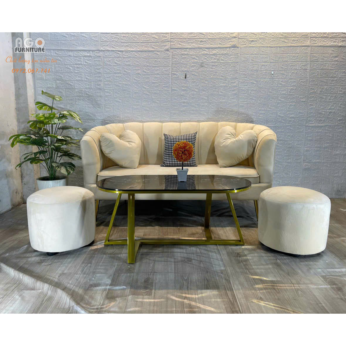 Combo Sofa sò 180 kết hợp bàn sofa Sotana Oval PVD - Kem