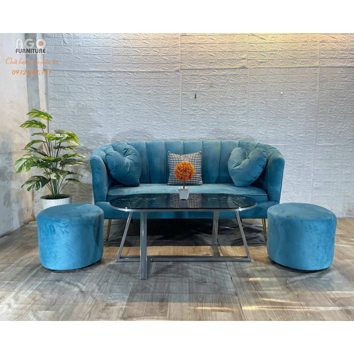 Combo Sofa sò 180 kết hợp bàn sofa Sotana Oval PVD - Xanh