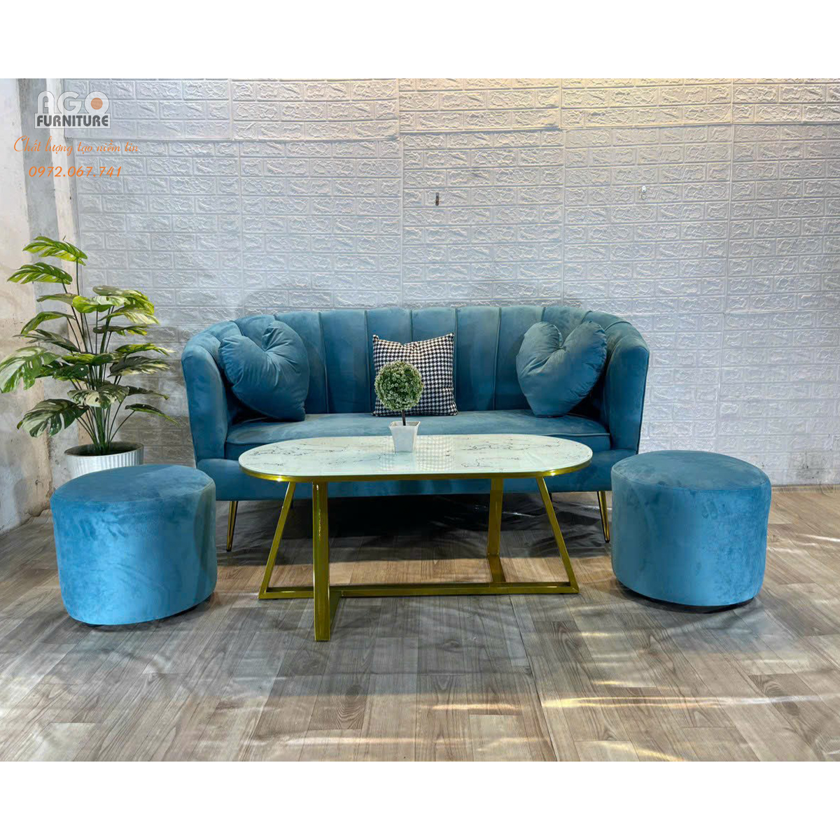 Combo Sofa sò 180 kết hợp bàn sofa Sotana Oval PVD - Xanh