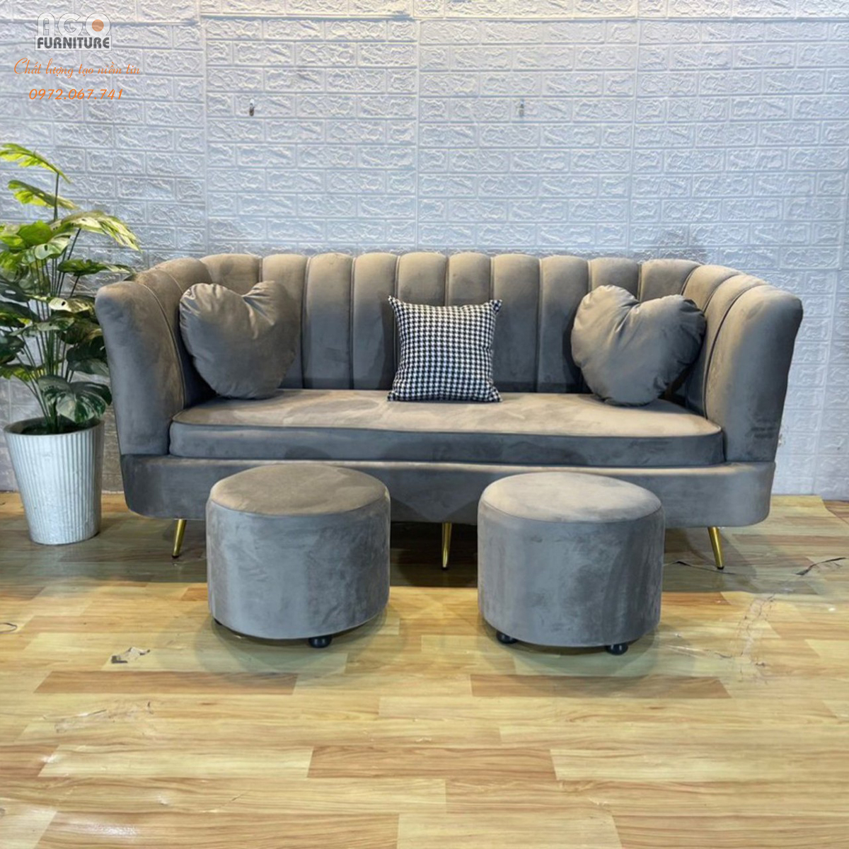 Ghế Sofa sò 180 kết hợp 2 đôn - Ghi