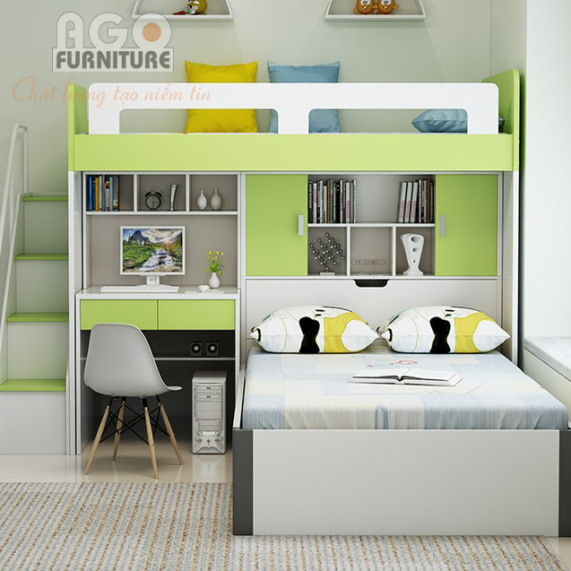 Giường ngủ 2 tầng kèm góc học tập cho bé | AGO-KID-GT16