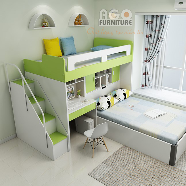 Giường ngủ 2 tầng kèm góc học tập cho bé | AGO-KID-GT16