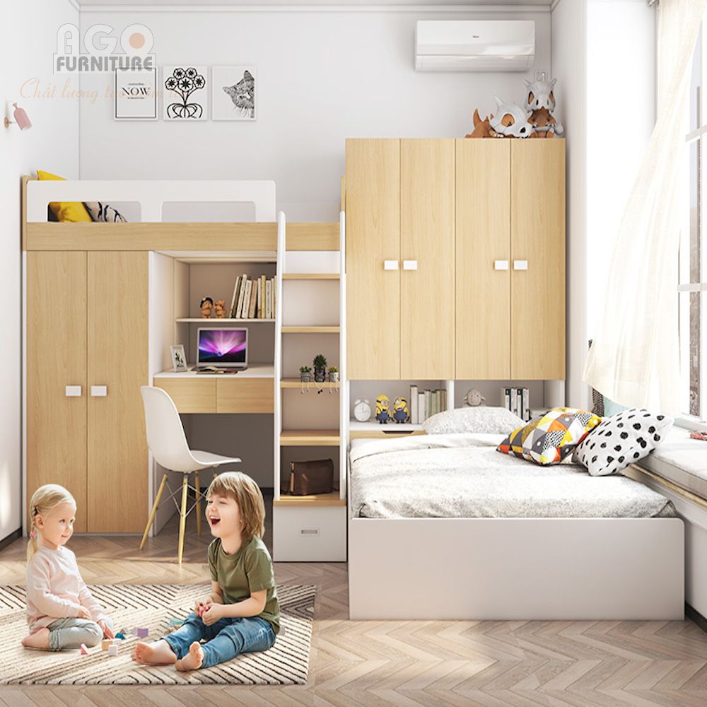 Giường tầng đa năng kết hợp tủ quần áo và bàn học tiện lợi cho trẻ | AGO-KID-GT73