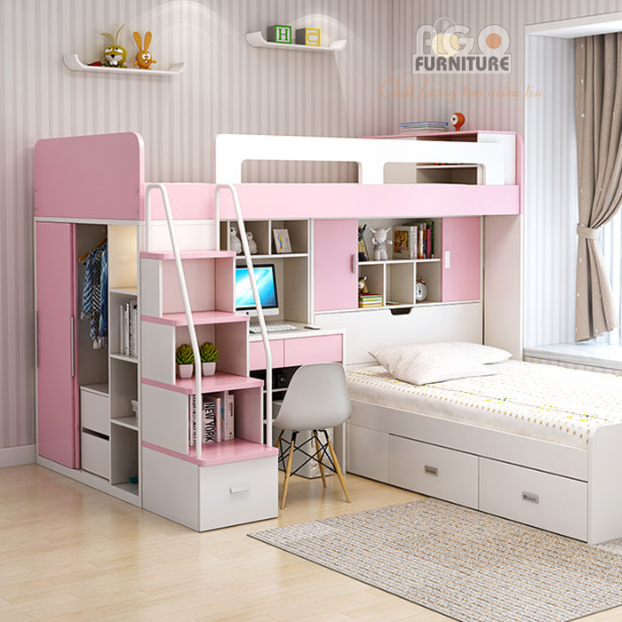 Giường tầng đa năng mang màu hồng nữ tính | AGO-KID-GT40